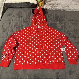 NEW Disney Hoodie Womens Large Minnie Mouse Red Polka Dot Cosplay Parks Ears